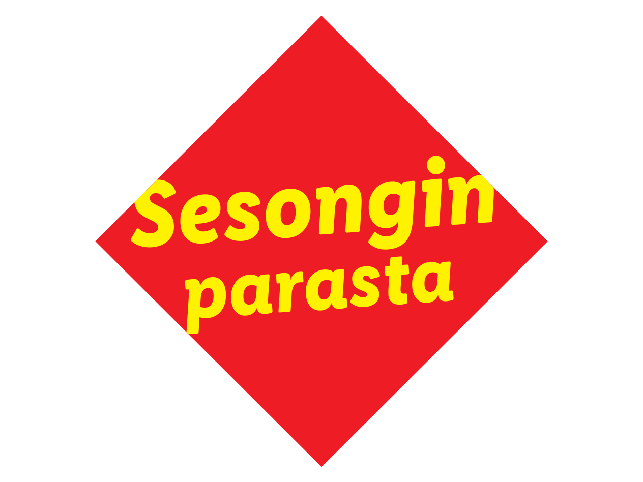 Punainen vinoneliö, jossa keltainen teksti 'Sesongin parasta'.