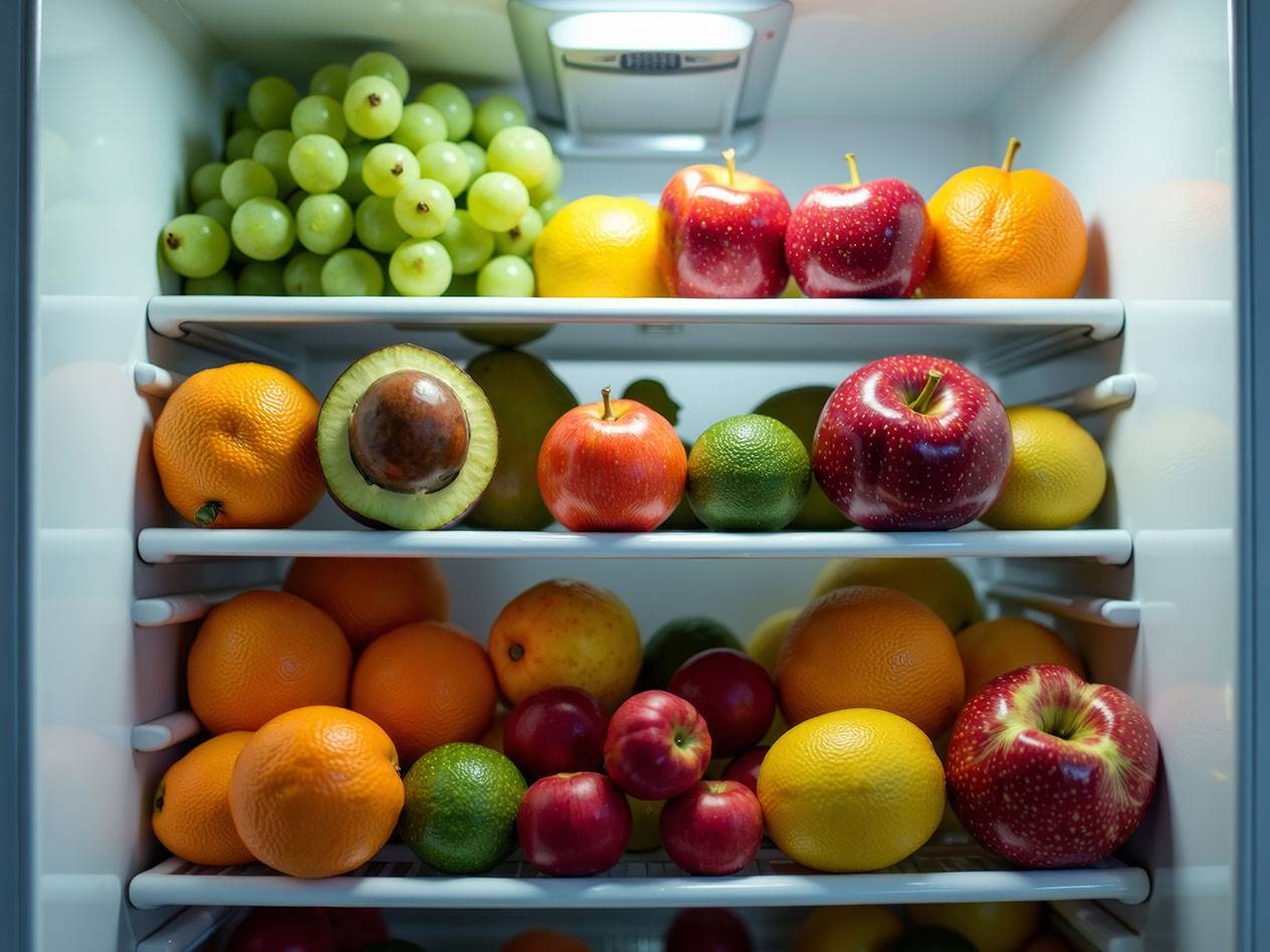 Viinirypäleitä, omenoita, appelsiineja ja avokadoja jääkaapissa.