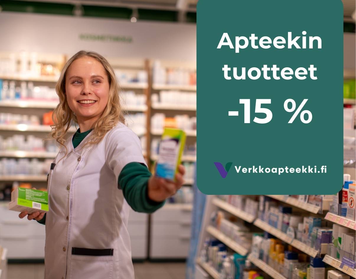 Farmaseutti esittelee apteekkituotteita, -15 % alennus verkkoapteekissa.