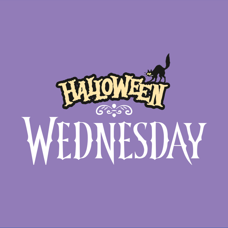 Halloween Wednesday -logo, jossa on musta kissa ja koristeellinen kuvio.